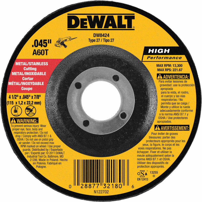 DISCO ABRASIVO, CONCAVO, 4-1/2 X 0.045 X 7/8 PULG, METAL Y ACERO INOXIDABLE,  ALEMAN,. MARCA DEWALT