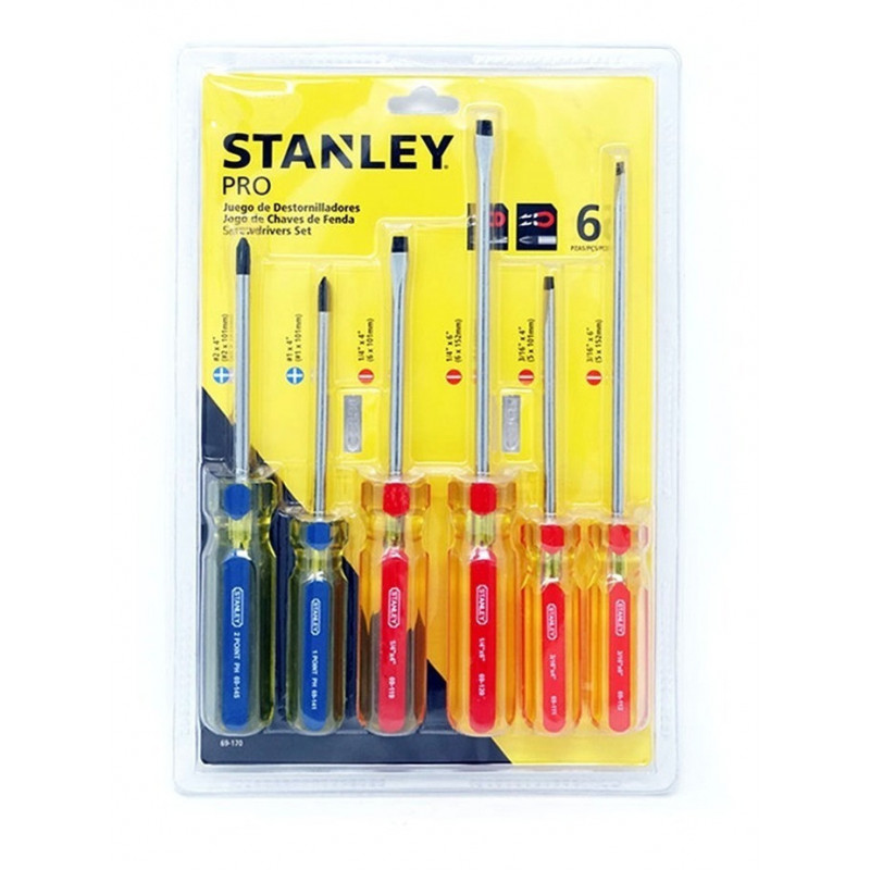 JUEGO DE 6 DESTORNILLADORES PRO, 4 PLANOS Y 2 PHILLIPS. MARCA STANLEY